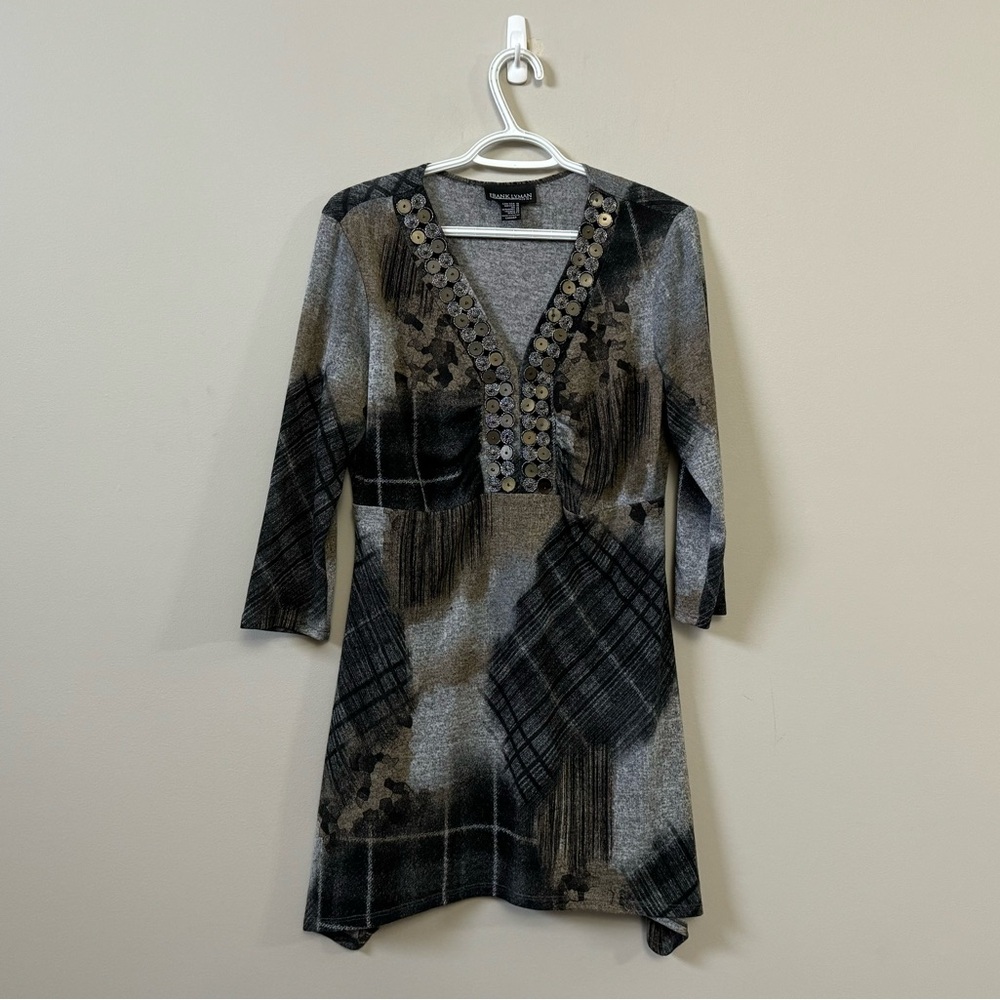 Frank Lyman designs unique brown black grey abstract 3/4 sleeve tunic top
